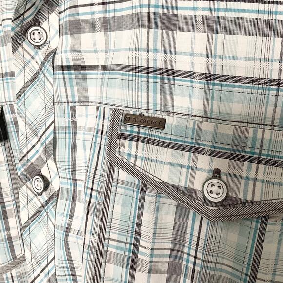 7 Diamonds Blue Gray White Plaid Short Sleeve Button Up Shirt XL - Picture 5 of 11